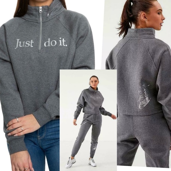 NIKE Sportswear Funnel-Neck 1/2 Zip Sweater Women Cotton Crop Sweatshirt M - Picture 1 of 13